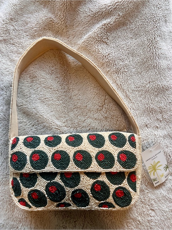 America & Beyond Handbags - NWT America & Beyond Beaded Cream Shoulder Bag with Olives Motif